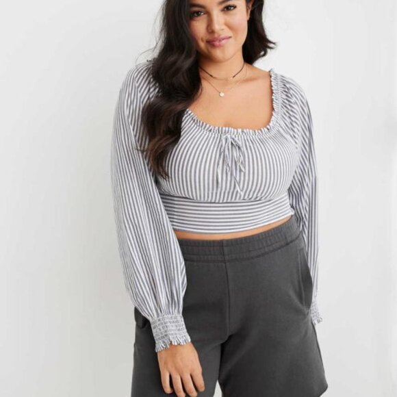 aerie Tops - New Aerie Woven Pretty Long Sleeve Stripped Cropped Top P1794